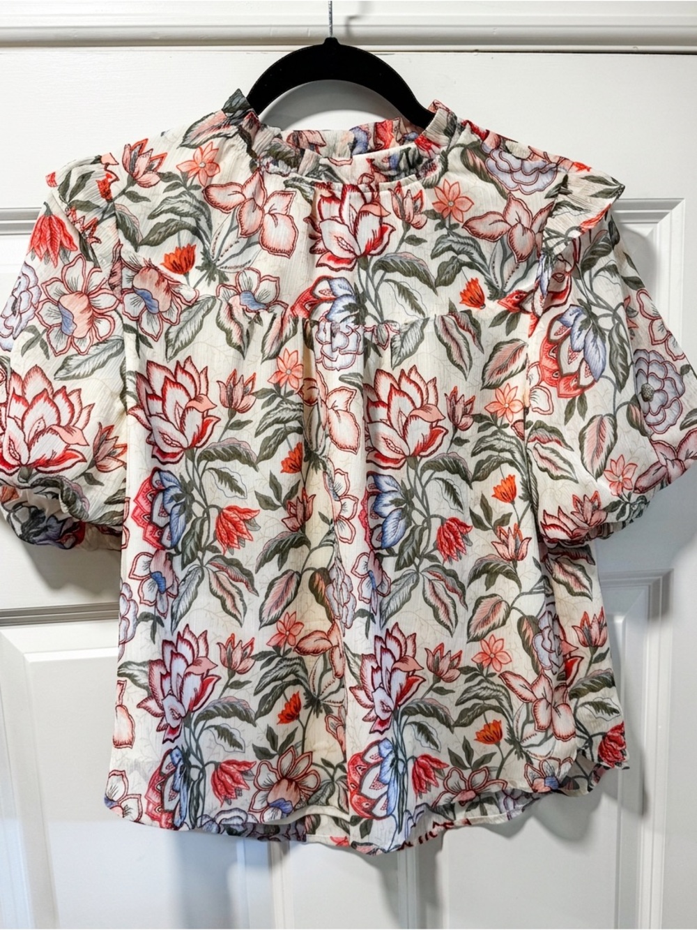 LOFT Floral Puff-Sleeve Ruffle Neck Blouse - White with Coral & Green